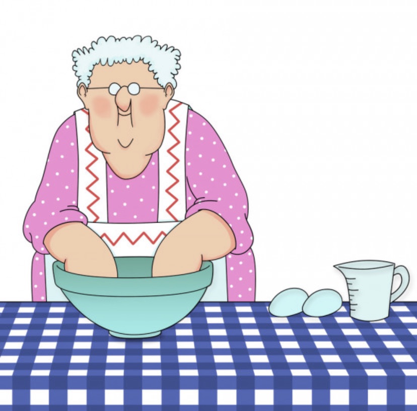 Cartoon of smiling nonna wearing apron with hands in a bowl.